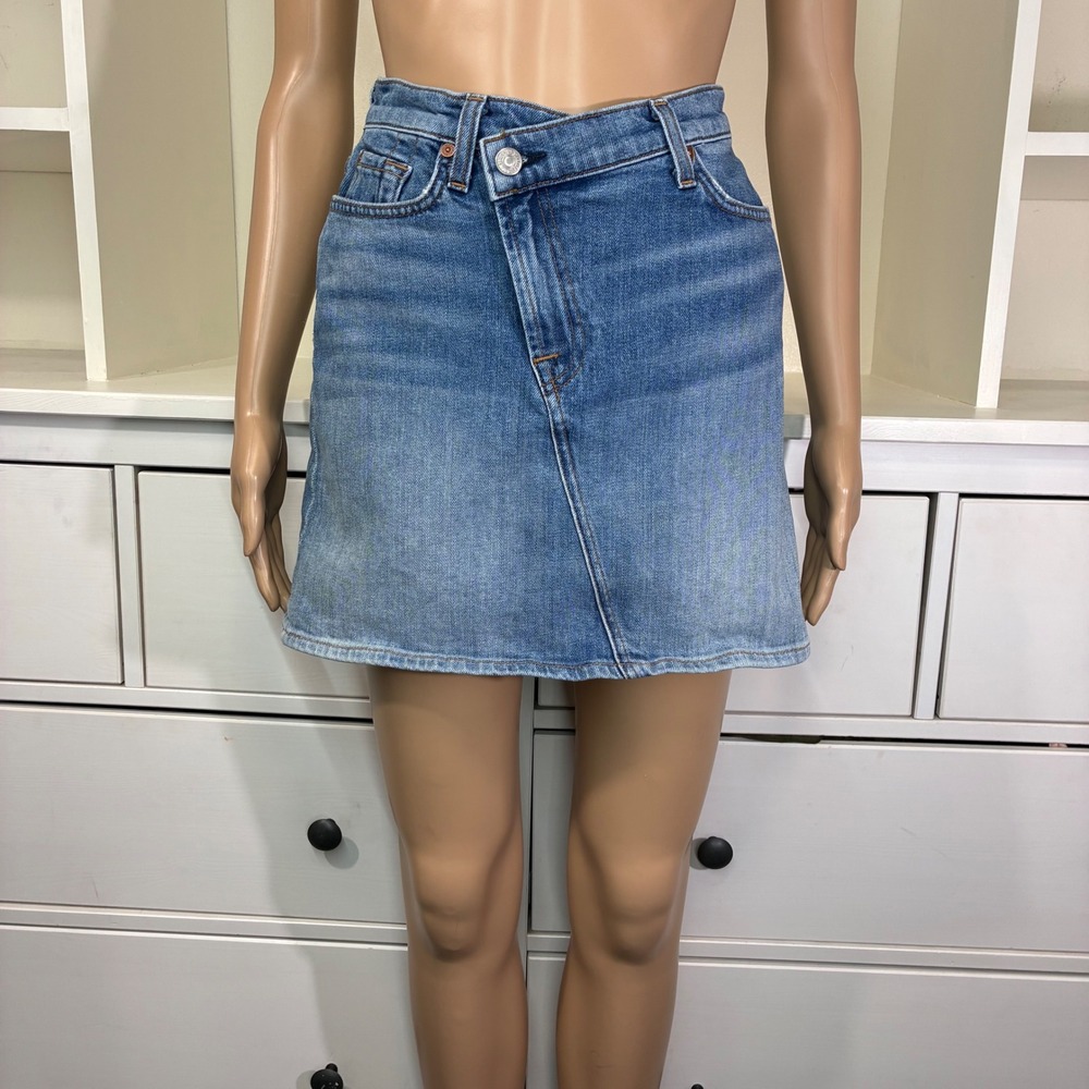 7 For All‎ Mankind Womens Asymmetrical Crossover Waist Denim Mini Skirt Size 26